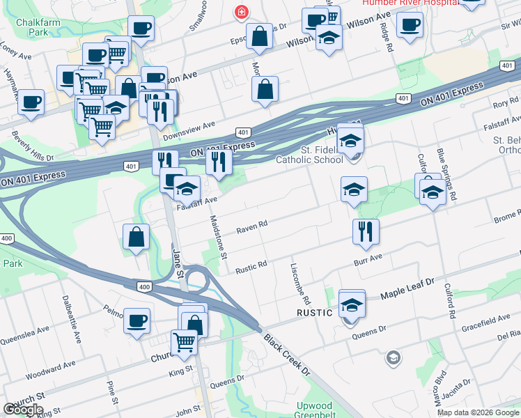 map of restaurants, bars, coffee shops, grocery stores, and more near 65 Beckett Avenue in Toronto