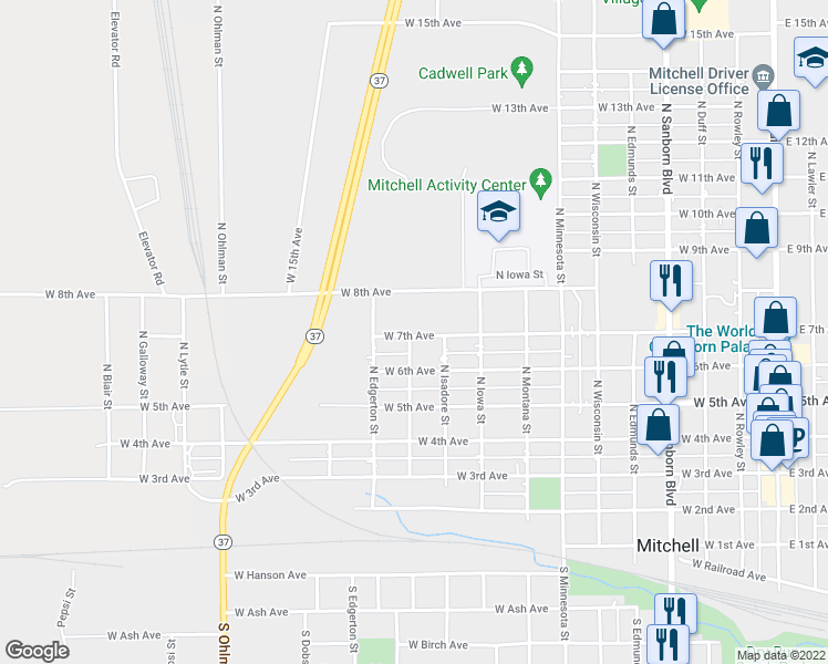 map of restaurants, bars, coffee shops, grocery stores, and more near 1100 West 7th Avenue in Mitchell