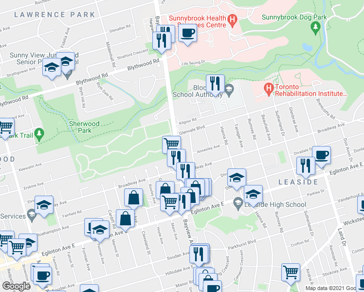map of restaurants, bars, coffee shops, grocery stores, and more near in Toronto