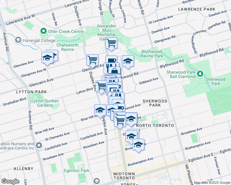 map of restaurants, bars, coffee shops, grocery stores, and more near in Toronto