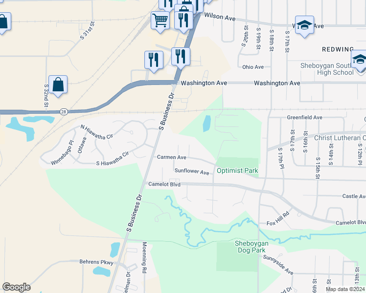 map of restaurants, bars, coffee shops, grocery stores, and more near 2332 Carmen Avenue in Sheboygan