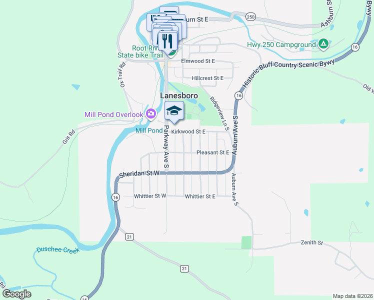 map of restaurants, bars, coffee shops, grocery stores, and more near 502 Kenilworth Avenue South in Lanesboro