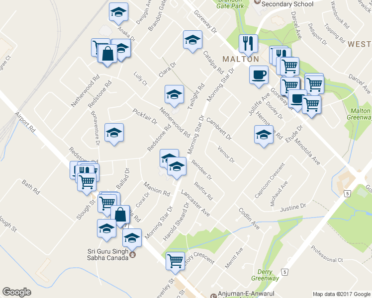 map of restaurants, bars, coffee shops, grocery stores, and more near 3200 Morning Star Drive in Mississauga