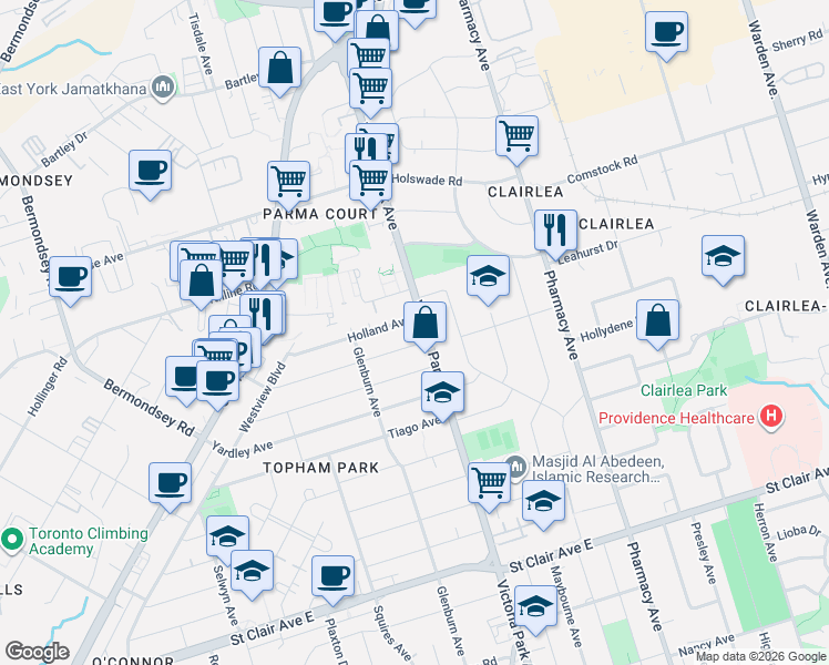 map of restaurants, bars, coffee shops, grocery stores, and more near 1342 Victoria Park Avenue in Toronto