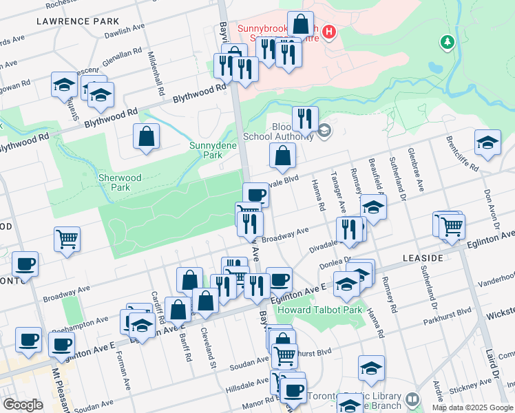 map of restaurants, bars, coffee shops, grocery stores, and more near 1901 Bayview Avenue in Toronto