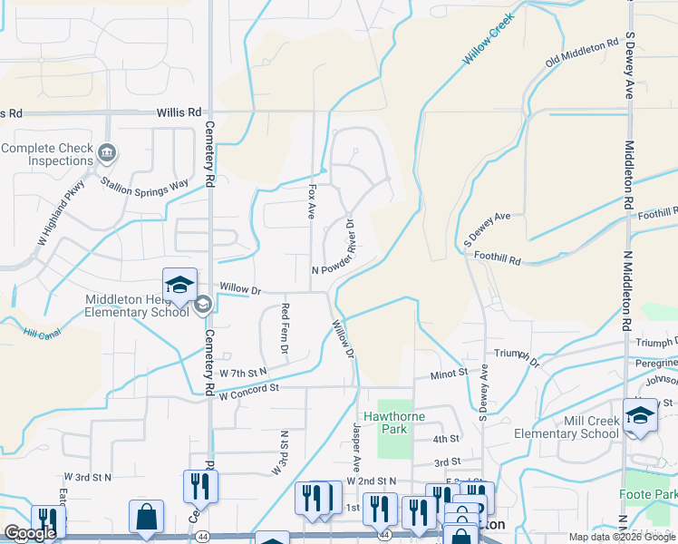 map of restaurants, bars, coffee shops, grocery stores, and more near 1029 North Powder River Drive in Middleton