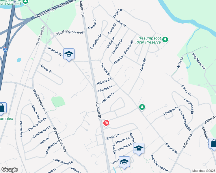 map of restaurants, bars, coffee shops, grocery stores, and more near 45 Hillside Road in Portland