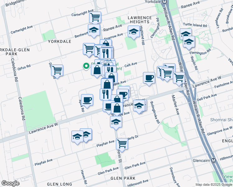 map of restaurants, bars, coffee shops, grocery stores, and more near in Toronto