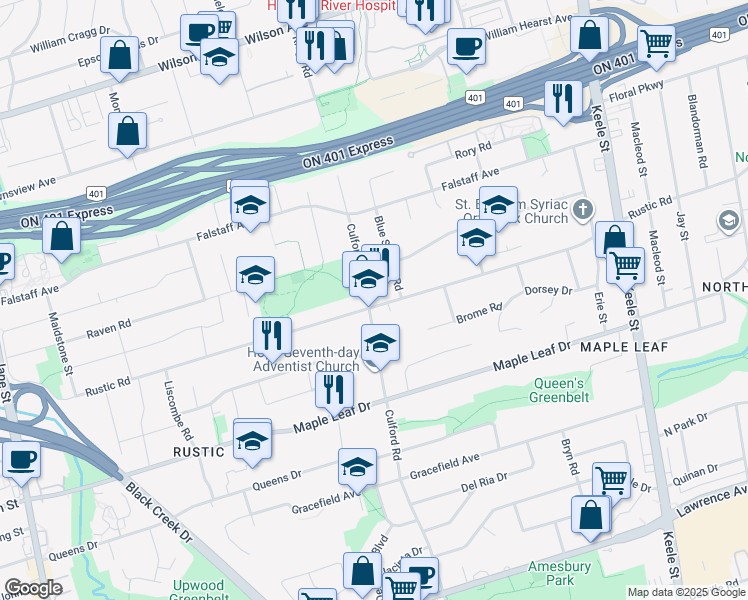 map of restaurants, bars, coffee shops, grocery stores, and more near 312 Rustic Road in Toronto