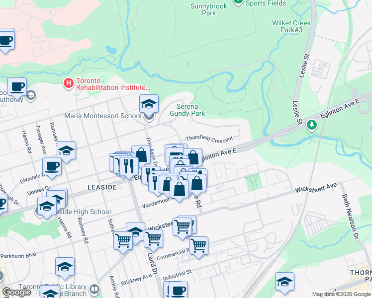 map of restaurants, bars, coffee shops, grocery stores, and more near in Toronto