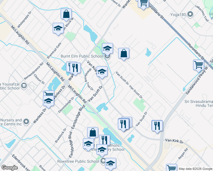 map of restaurants, bars, coffee shops, grocery stores, and more near 234 Van Scott Drive in Brampton