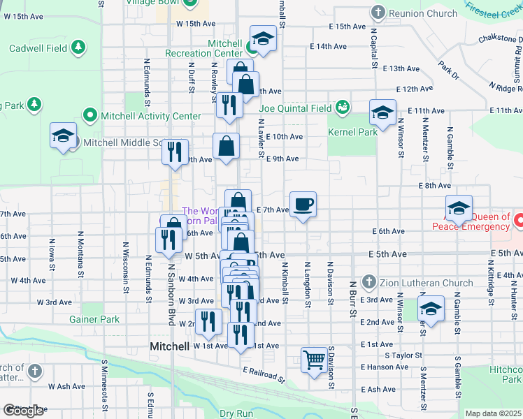 map of restaurants, bars, coffee shops, grocery stores, and more near North Lawler Street in Mitchell
