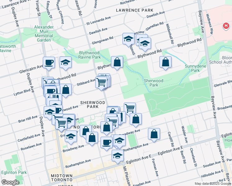 map of restaurants, bars, coffee shops, grocery stores, and more near in Toronto