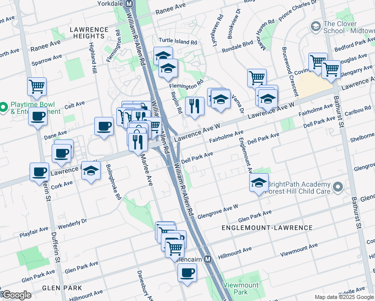 map of restaurants, bars, coffee shops, grocery stores, and more near 154 Fairholme Avenue in Toronto