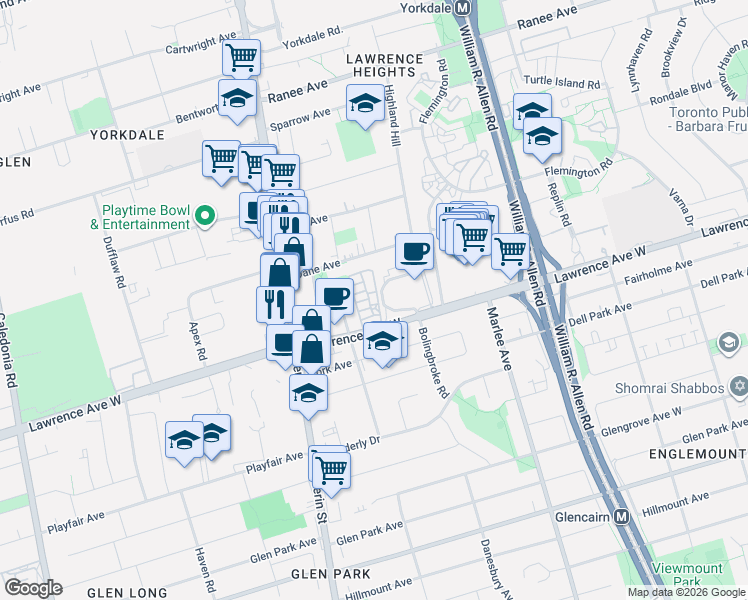 map of restaurants, bars, coffee shops, grocery stores, and more near in Toronto