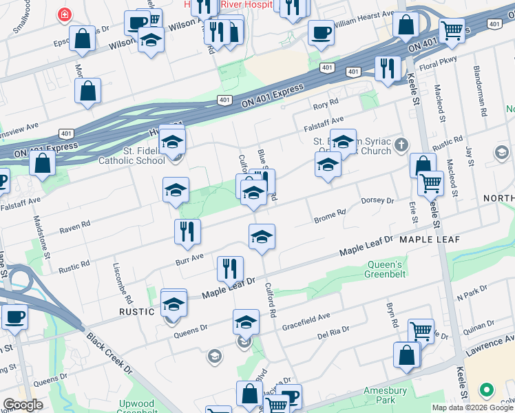 map of restaurants, bars, coffee shops, grocery stores, and more near 312 Rustic Road in Toronto