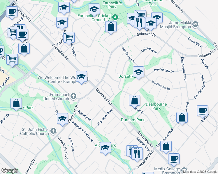 map of restaurants, bars, coffee shops, grocery stores, and more near in Brampton