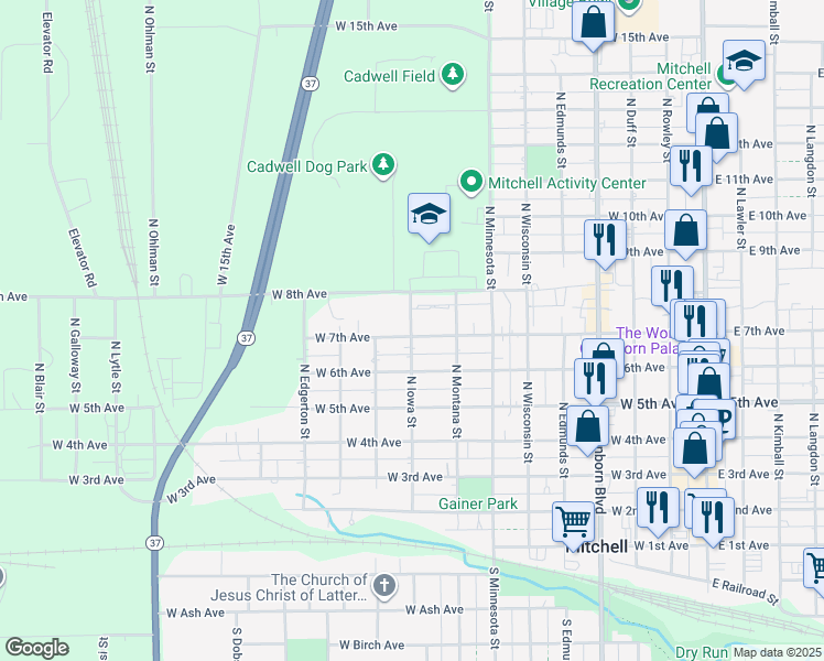 map of restaurants, bars, coffee shops, grocery stores, and more near 720 North Iowa Street in Mitchell
