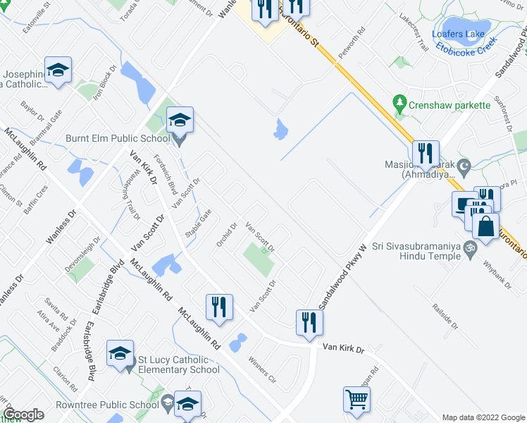map of restaurants, bars, coffee shops, grocery stores, and more near 23 Prince Crescent in Brampton