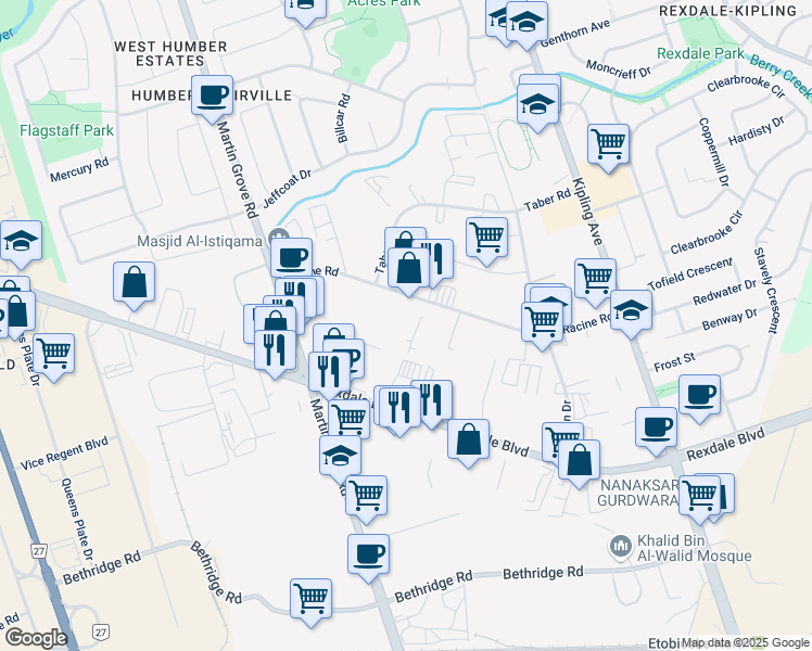 map of restaurants, bars, coffee shops, grocery stores, and more near 37 Racine Road in Toronto