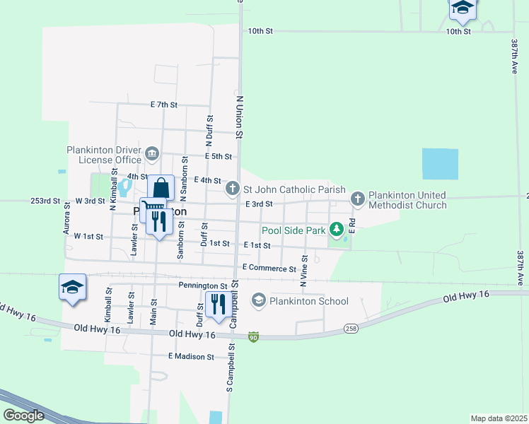 map of restaurants, bars, coffee shops, grocery stores, and more near 604-1008 East 3rd Street in Plankinton