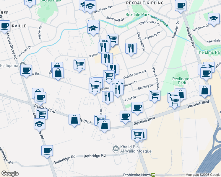 map of restaurants, bars, coffee shops, grocery stores, and more near 5 Racine Road in Toronto