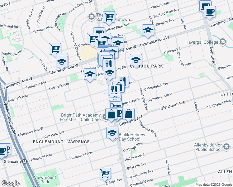 map of restaurants, bars, coffee shops, grocery stores, and more near 488 Coldstream Avenue in Toronto