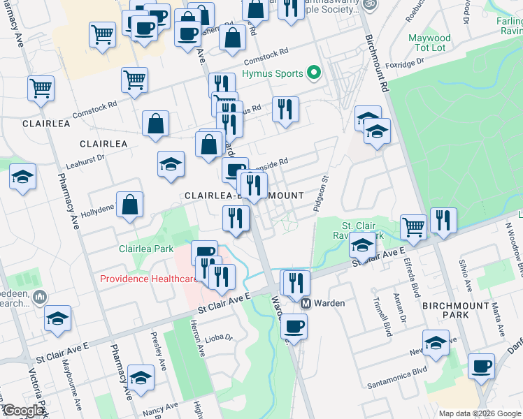 map of restaurants, bars, coffee shops, grocery stores, and more near 40 Mendelssohn Street in Toronto