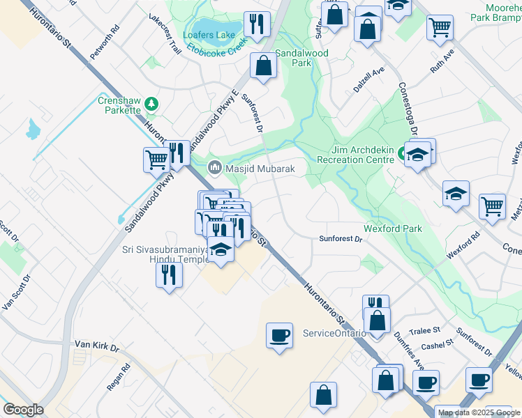map of restaurants, bars, coffee shops, grocery stores, and more near 20 Luminous Court in Brampton