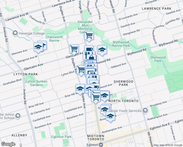 map of restaurants, bars, coffee shops, grocery stores, and more near 2645 Yonge Street in Toronto
