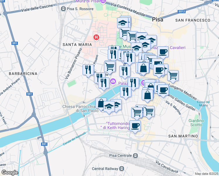 map of restaurants, bars, coffee shops, grocery stores, and more near 3 Piazza Solferino in Pisa