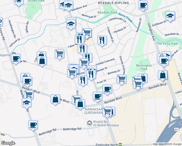map of restaurants, bars, coffee shops, grocery stores, and more near Kipling Ave & Redwater Dr in Toronto