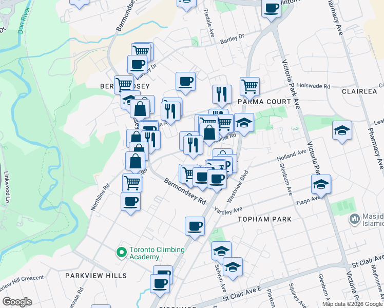 map of restaurants, bars, coffee shops, grocery stores, and more near 49 Cranfield Road in Toronto