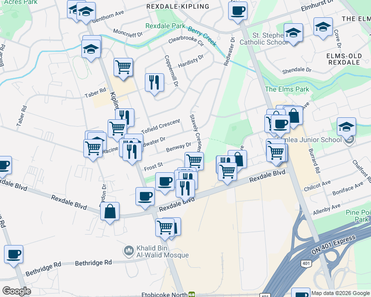 map of restaurants, bars, coffee shops, grocery stores, and more near 21 Benway Drive in Toronto