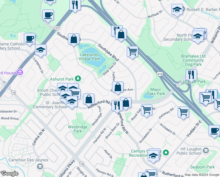 map of restaurants, bars, coffee shops, grocery stores, and more near 109 Stoneylake Avenue in Brampton