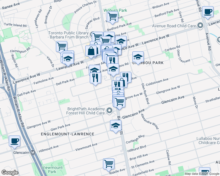 map of restaurants, bars, coffee shops, grocery stores, and more near in Toronto