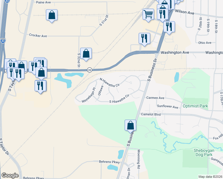 map of restaurants, bars, coffee shops, grocery stores, and more near 3636 South Business Drive in Sheboygan