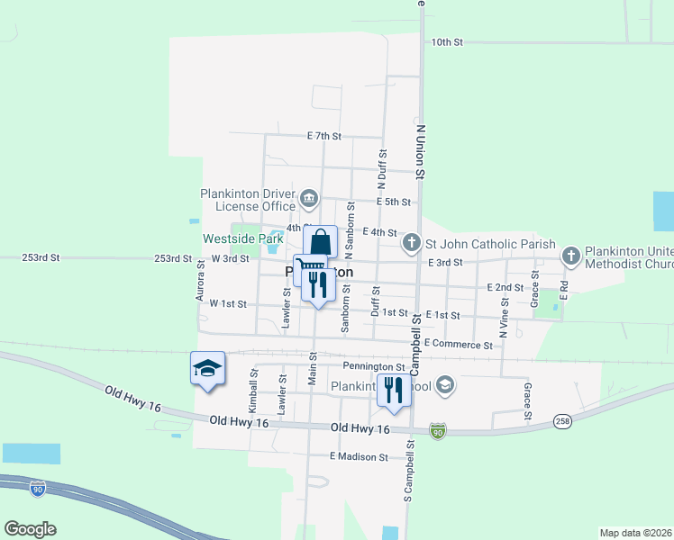 map of restaurants, bars, coffee shops, grocery stores, and more near 1041 3rd Street in Plankinton