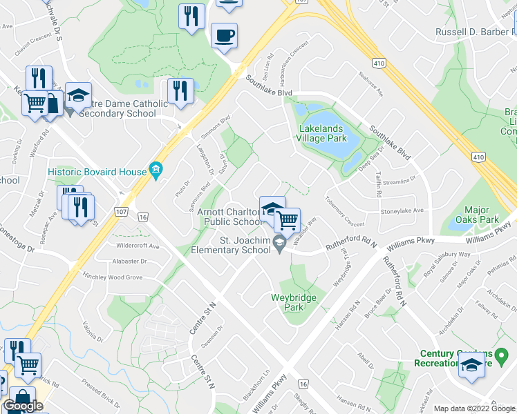 map of restaurants, bars, coffee shops, grocery stores, and more near 2 Rusthall Way in Brampton