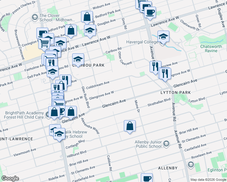 map of restaurants, bars, coffee shops, grocery stores, and more near 370 Glengrove Avenue West in Toronto