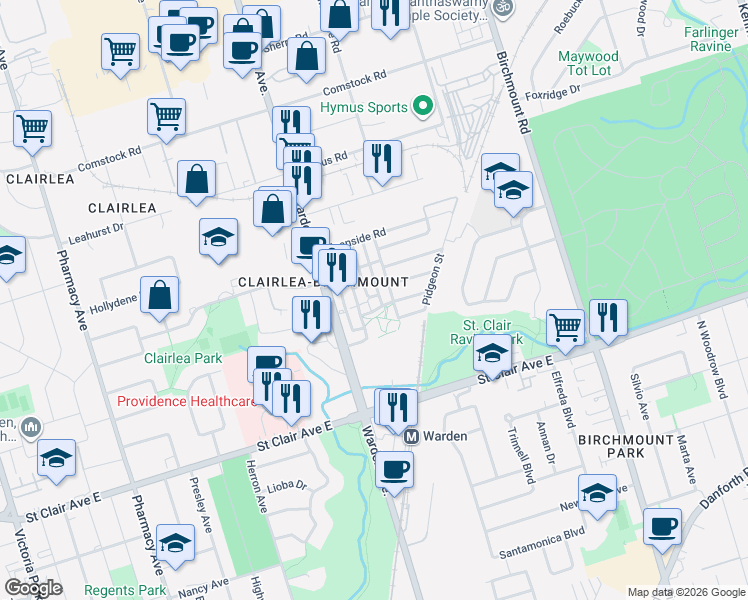 map of restaurants, bars, coffee shops, grocery stores, and more near 37 Ayers Crescent in Toronto