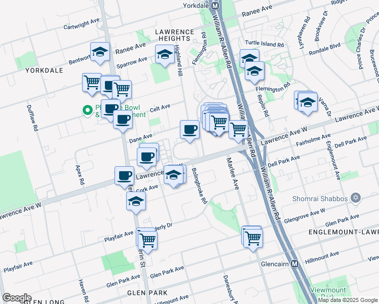 map of restaurants, bars, coffee shops, grocery stores, and more near 750 Lawrence Avenue West in Toronto