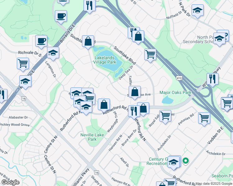 map of restaurants, bars, coffee shops, grocery stores, and more near 93 Stoneylake Avenue in Brampton