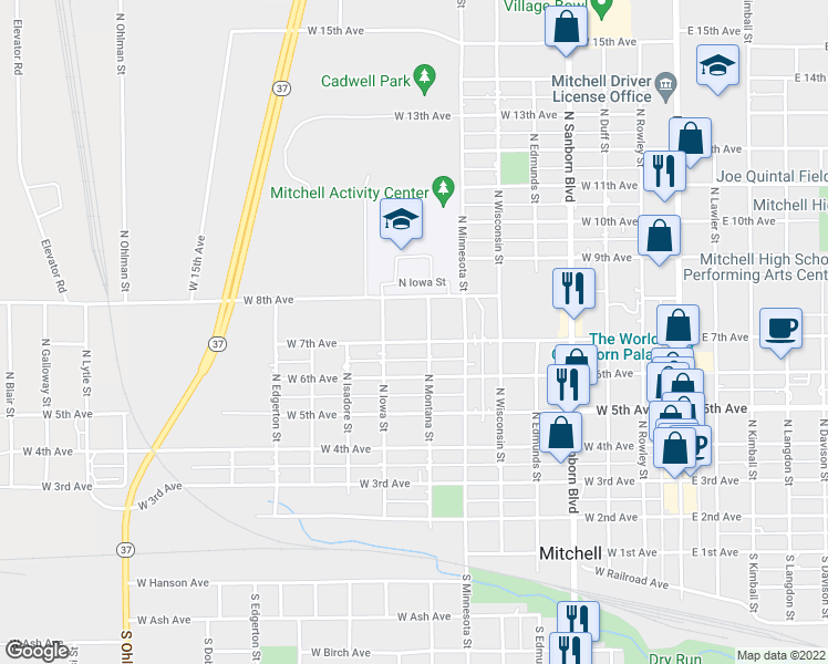 map of restaurants, bars, coffee shops, grocery stores, and more near 808 West 7th Avenue in Mitchell