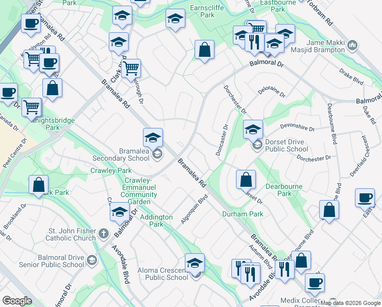 map of restaurants, bars, coffee shops, grocery stores, and more near 23 Darras Court in Brampton