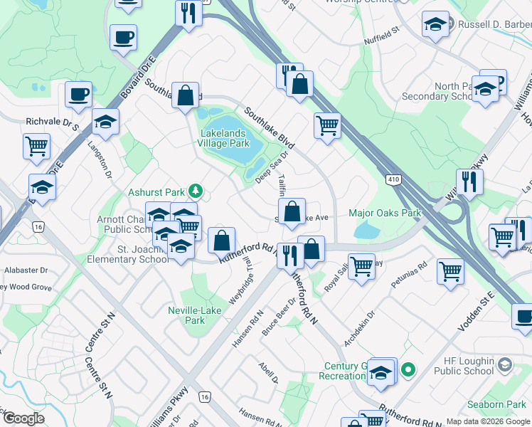 map of restaurants, bars, coffee shops, grocery stores, and more near 103 Stoneylake Avenue in Brampton