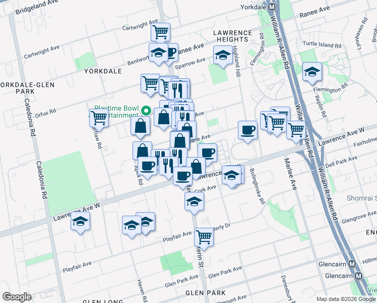 map of restaurants, bars, coffee shops, grocery stores, and more near 3091 Dufferin Street in Toronto