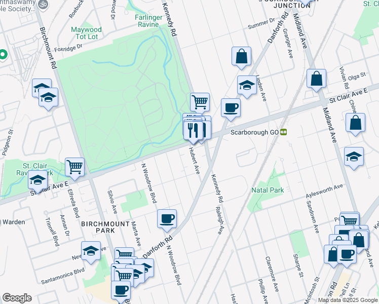 map of restaurants, bars, coffee shops, grocery stores, and more near 32 Hubert Avenue in Toronto