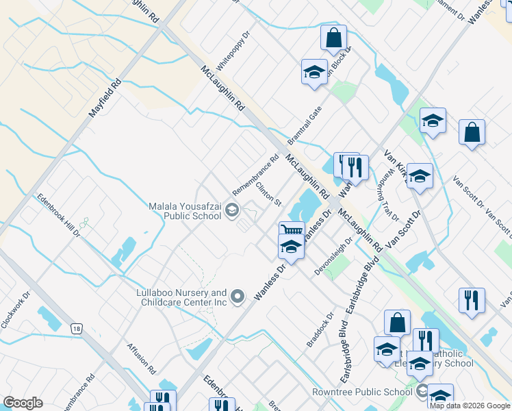map of restaurants, bars, coffee shops, grocery stores, and more near Banas Way in Brampton