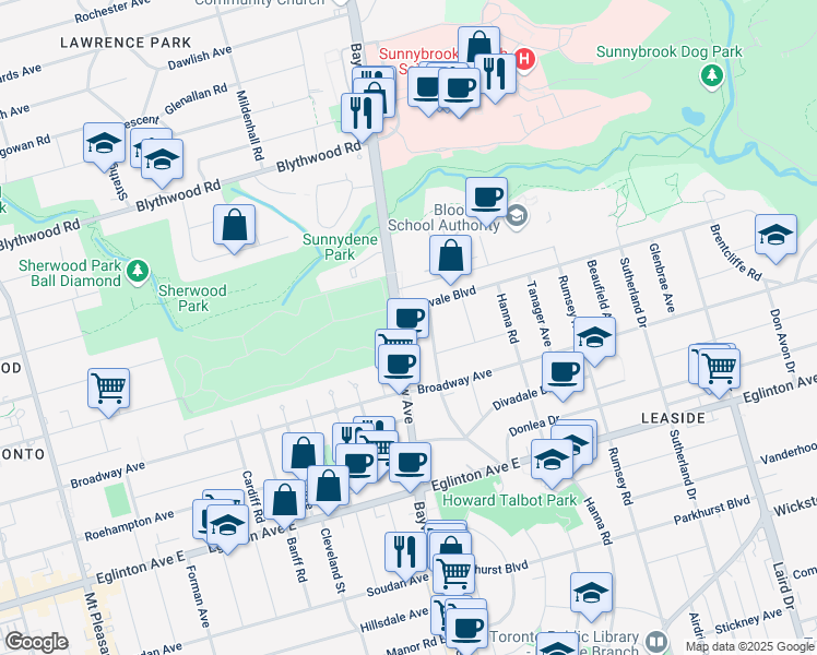 map of restaurants, bars, coffee shops, grocery stores, and more near in Toronto